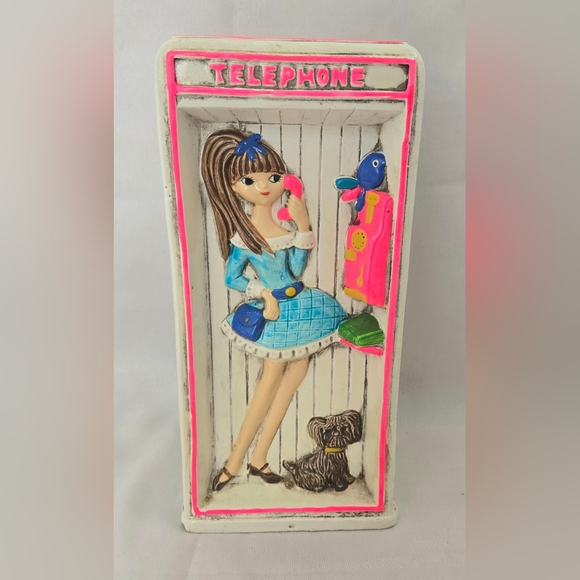 Vintage Earl Bernard Girl in Telephone Booth Bank Groovy Flower Power HTF - Picture 2 of 9